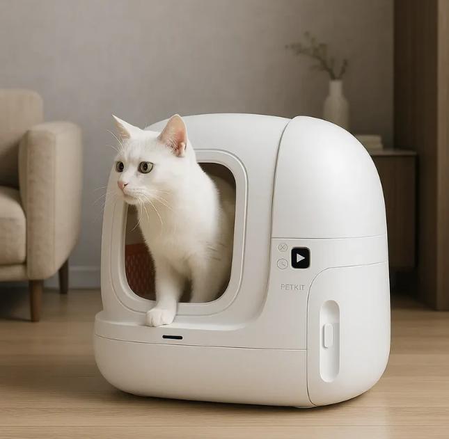 Chat blanc sortant d’une litière autonettoyante moderne PETKIT, dans un intérieur design et épuré — image idéale pour illustrer un article de blog sur les indispensables pour accueillir un premier chat à la maison (panier, fontaine, croquettes, accessoires connectés).