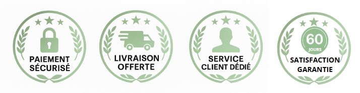 Badges Fidoz : paiement sécurisé, livraison offerte, service client dédié, garantie 60 jours satisfaction