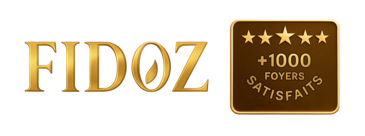 Logo premium Fidoz en doré avec badge 5 étoiles et mention +1000 foyers satisfaits – marque d’accessoires pour animaux