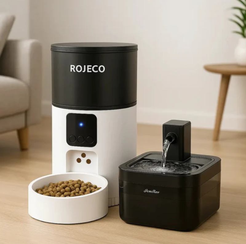 Fontaine à eau noire et distributeur de croquettes Rojeco pour chien, placés côte à côte dans un intérieur moderne – critères pour bien choisir son duo (capacité, filtration, autonomie, fonctionnalités).