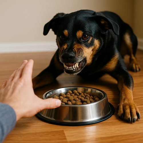 Photographie carrée montrant un chien noir et feu de type croisé, positionné devant une gamelle en métal remplie de croquettes. Le chien, corps tendu et babines retroussées, grogne de façon défensive. Une main humaine tendue s’approche de la gamelle, illustrant la réaction de food guarding lorsque le propriétaire essaie de prendre la nourriture. »