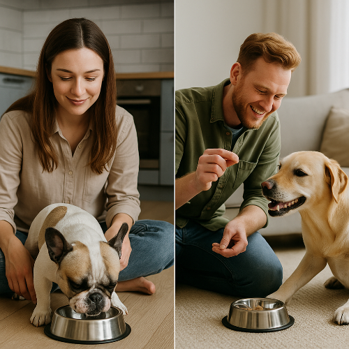 Collage de deux photographies professionnelles. À gauche, une femme assise au sol dans une cuisine moderne sourit en regardant son Bouledogue français manger calmement dans sa gamelle. À droite, un homme assis au sol sourit et lance une friandise dans la gamelle de son Labrador doré, qui remue la queue avec enthousiasme. Les images illustrent des témoignages de propriétaires ayant travaillé sur la protection de ressources de leurs chiens avec patience et méthode.
