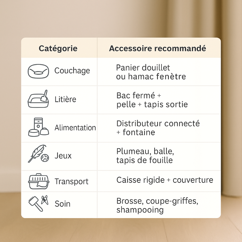 Kit d’arrivée complet pour un premier chat avec panier douillet, bac à litière fermé, fontaine à eau, distributeur de croquettes connecté, jouets pour chats, caisse de transport rigide et accessoires de soin. Tout le nécessaire pour bien accueillir un chat à la maison.