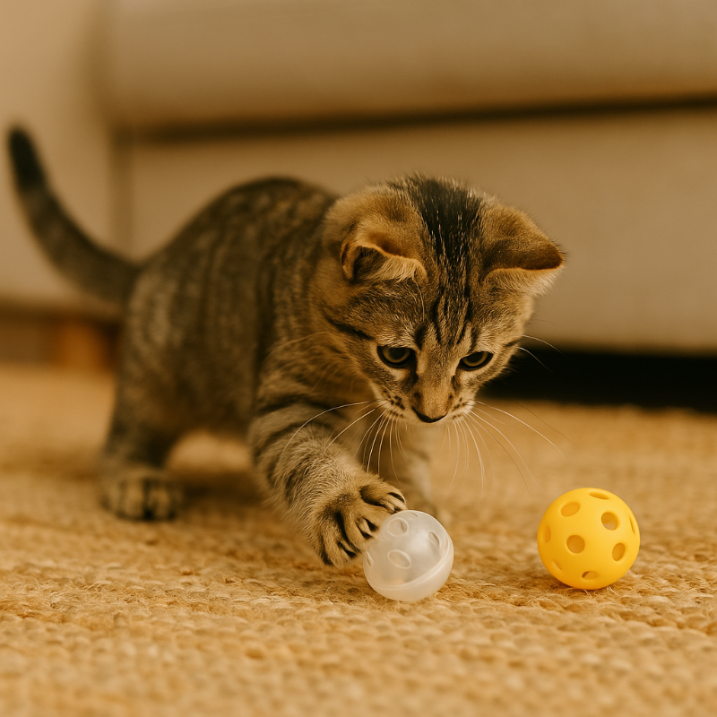 Chaton tigré jouant activement avec des balles interactives sur un tapis naturel dans un salon, illustrant l’importance du jeu pour le développement et le bien-être d’un jeune chat en appartement.
