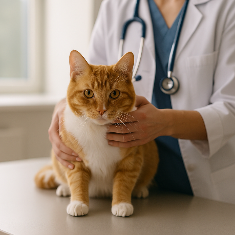 Chaton tigré allongé sur une table de consultation chez le vétérinaire, avec stéthoscope visible en arrière-plan – visite de santé essentielle à l’arrivée d’un premier chat – check-up, vaccination et conseils vétérinaires – image professionnelle pour blog Fidoz.