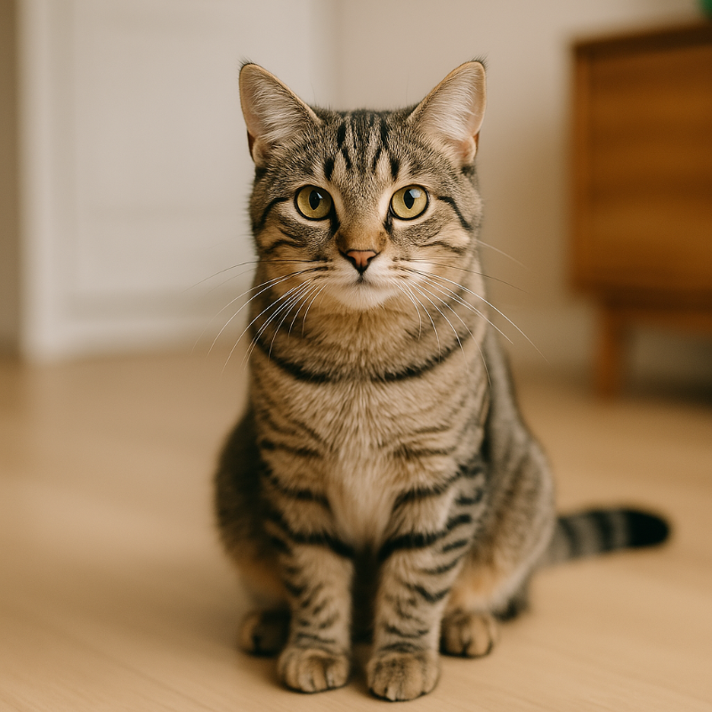 Jeune chat tigré perché sur une étagère, observant calmement son nouvel environnement intérieur. Cette image illustre la période d’adaptation d’un premier chat à la maison, dans un cadre stable et sécurisé.