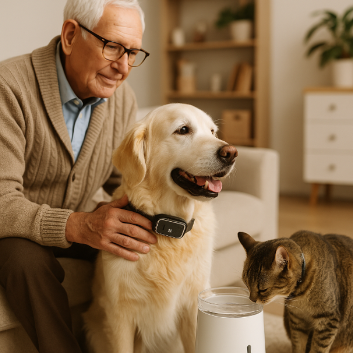 Un homme senior caresse un golden retriever portant un collier GPS connecté, tandis qu’un chat âgé boit dans une fontaine intelligente, dans un salon lumineux et chaleureux. Scène illustrant les objets connectés pour animaux seniors : suivi santé, hydratation et bien-être au quotidien