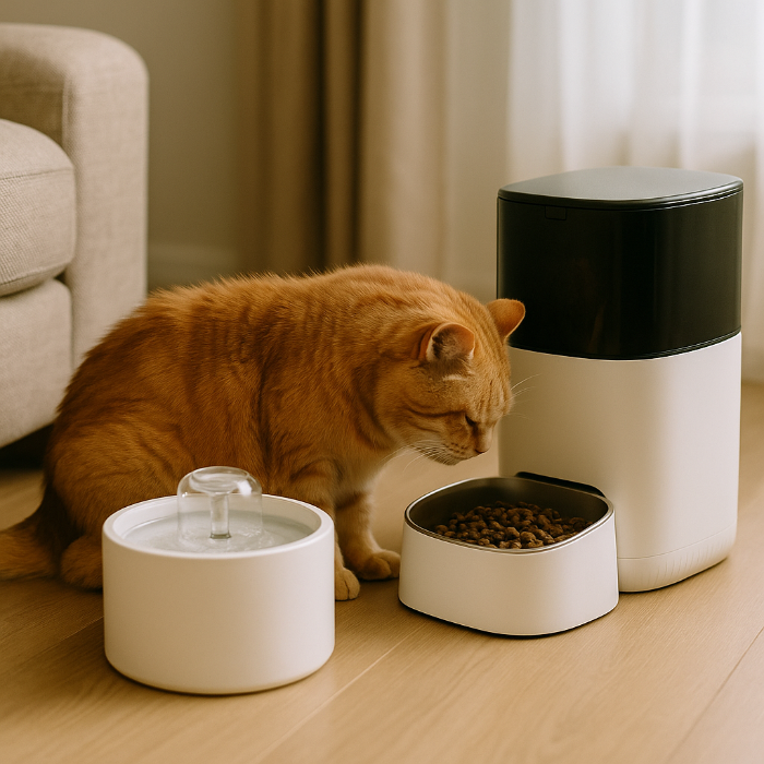 Chat senior roux mangeant dans un distributeur automatique de croquettes, avec une fontaine à eau connectée à ses côtés, dans un salon lumineux au sol en bois clair. Illustration du confort et de la technologie pour animaux âgés.