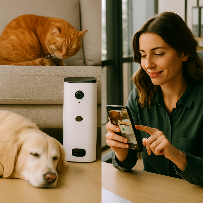Image en format split screen : à gauche, un chien et un chat seniors dorment paisiblement dans un salon, surveillés par une caméra connectée ; à droite, une femme au bureau observe leurs mouvements sur son smartphone. Illustration du suivi à distance et du bien-être animal grâce aux objets connectés.