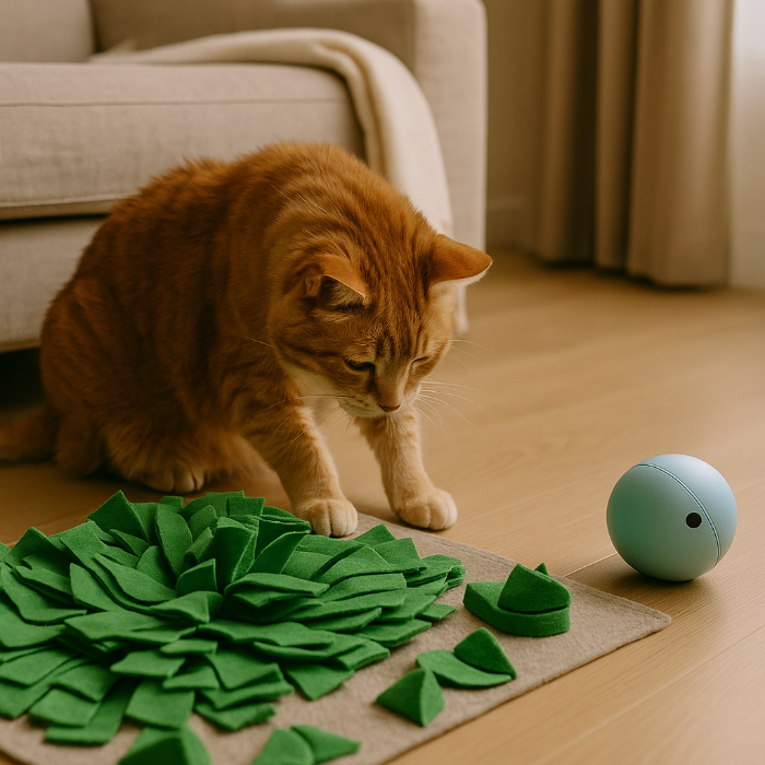 Chat senior roux concentré sur un tapis de fouille vert et une balle interactive bleue dans un salon lumineux. Scène illustrant la stimulation cognitive douce et le jeu automatisé pour animaux âgés à domicile