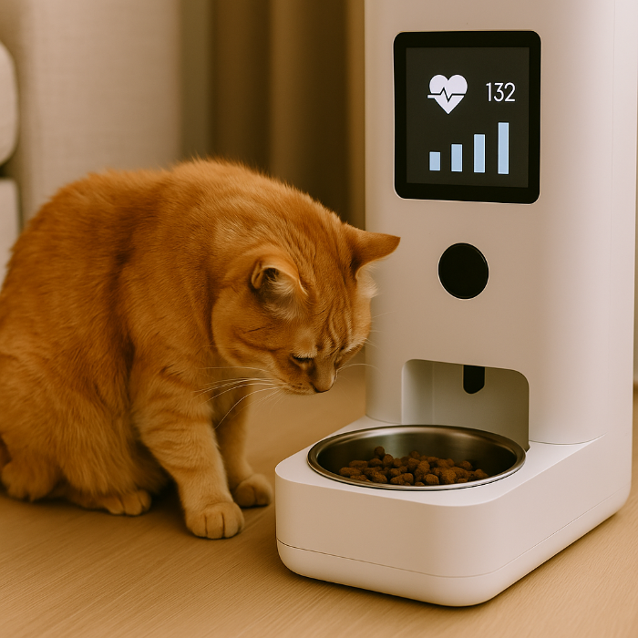 Chat senior roux mangeant dans un distributeur de croquettes intelligent avec écran intégré affichant le rythme cardiaque et des données de suivi santé. Illustration d’une solution prédictive par IA pour le bien-être animal à domicile