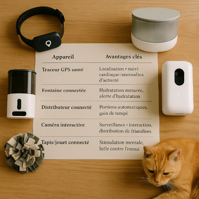 Vue de dessus d’un tableau comparatif des objets connectés pour animaux seniors, posé sur une table en bois, entouré des cinq appareils illustrés : collier GPS santé, fontaine connectée, distributeur automatique, caméra interactive, tapis de stimulation. Un chat roux allongé complète la scène, soulignant l’usage concret de ces technologies.”