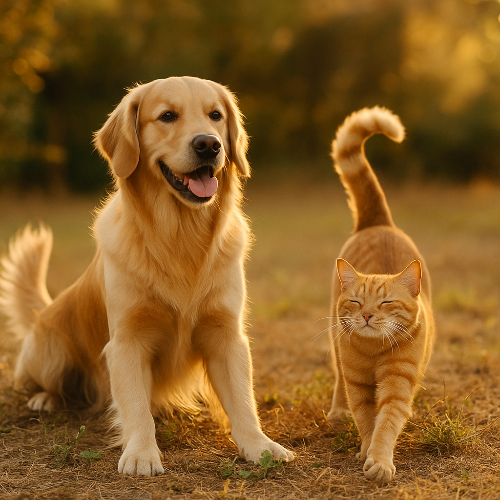 Chien golden retriever et chat domestique assis côte à côte dans un jardin ensoleillé, posture détendue, queue ondulante pour le chien, queue dressée avec courbe légère pour le chat, illustrant la sérénité et le bien-être animal.