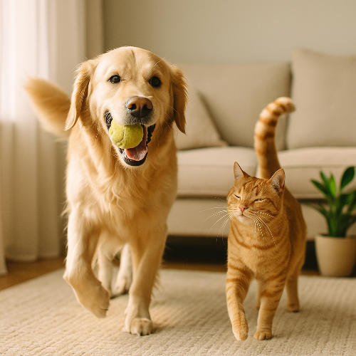 Golden retriever tenant une balle de tennis dans la bouche, marchant joyeusement aux côtés d’un chat roux domestique dans un salon lumineux, illustrant l’attitude sociale positive et la complicité entre chien et chat.