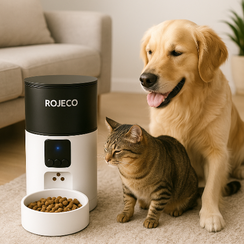 Golden retriever assis aux côtés d’un chat tigré domestique devant un distributeur automatique de croquettes ROJECO dans un salon lumineux, illustrant une alimentation régulière et équilibrée pour chiens et chats.