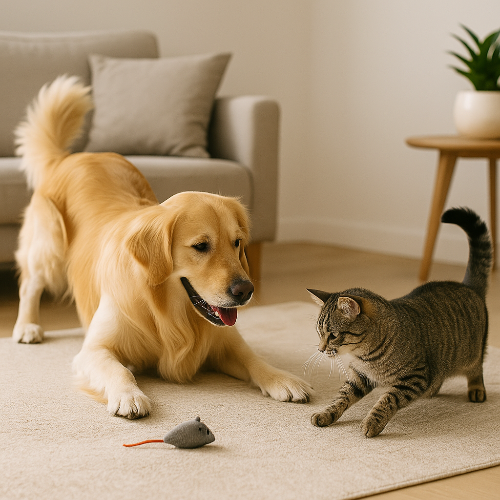 Golden retriever en posture d’invitation au jeu face à un chat tigré domestique prêt à bondir sur un jouet en forme de souris, dans un salon lumineux, illustrant la curiosité et la motivation au jeu chez le chien et le chat.