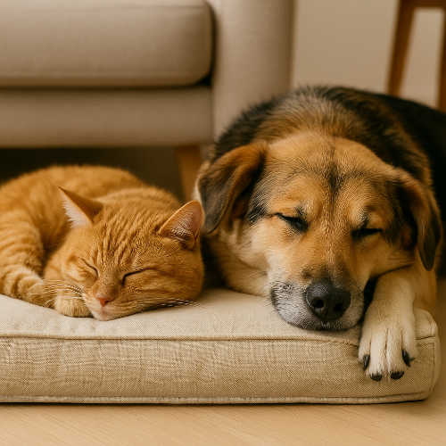 Berger australien et chat siamois endormis côte à côte sur un coussin moelleux dans un salon lumineux, illustrant un sommeil profond et réparateur favorisant le bien-être animal.
