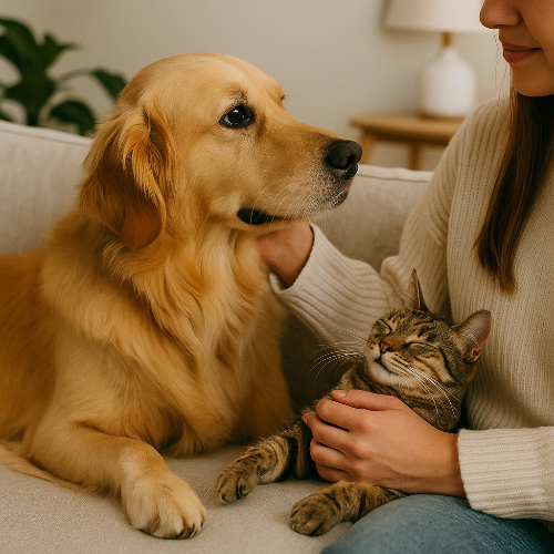 Golden retriever recevant des caresses tandis qu’un chat tigré ronronne sur les genoux d’une personne, illustrant des comportements affectueux et la complicité entre animaux domestiques.