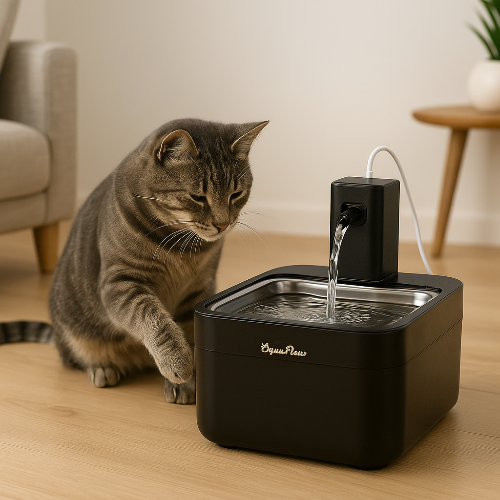 Chat domestique tigré gris interagissant curieusement avec une fontaine à eau AquaFlow noire sur un sol en bois clair dans un salon moderne, illustrant une interaction harmonieuse avec l’environnement et une hydratation optimale.
