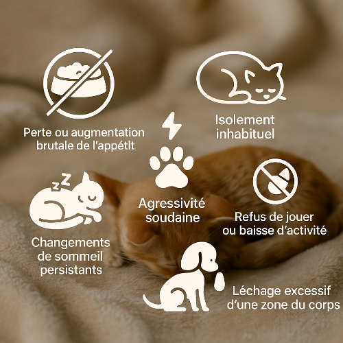 Infographie photographique présentant six signes potentiels de mal-être chez le chien et le chat : perte ou augmentation brutale de l’appétit, isolement inhabituel, agressivité soudaine, refus de jouer ou baisse d’activité, changements de sommeil persistants, léchage excessif d’une zone du corps.