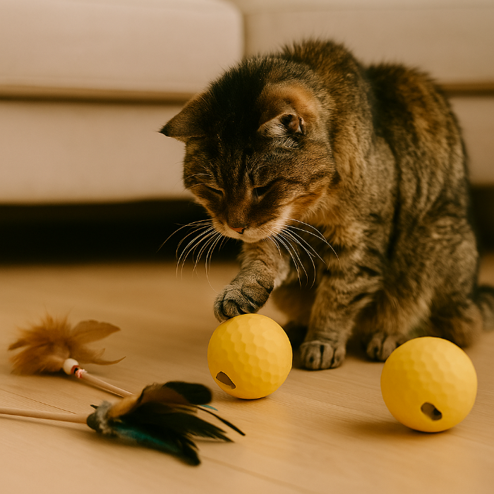 Un chat âgé tigré joue calmement dans un salon lumineux avec une balle distributrice de friandises et un plumeau souple. L’animal, visiblement détendu, explore ses jouets avec curiosité, illustrant une stimulation cognitive douce adaptée à son âge