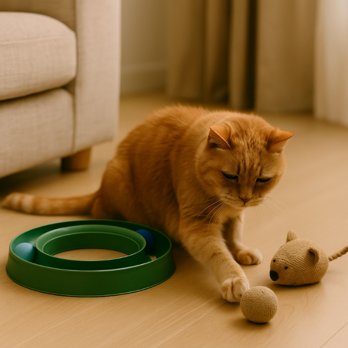 Photographie professionnelle d’un chat senior roux en position assise, interagissant avec un circuit à balle et une peluche sensorielle. La scène illustre des jouets adaptés aux chats âgés souffrant d’arthrose, permettant une stimulation en douceur sans nécessiter de mouvements brusques ni de sauts.