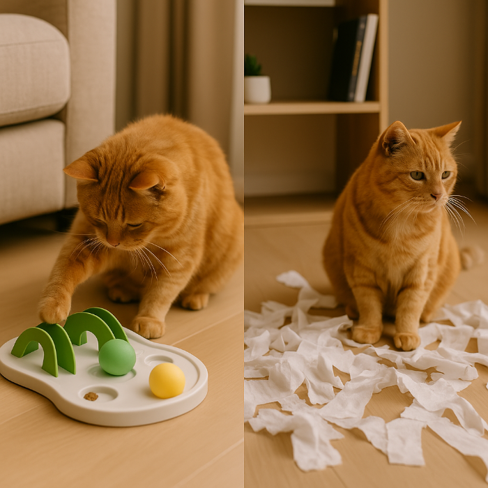 Photomontage en diptyque mettant en scène deux réalités contrastées chez un chat senior : à gauche, un chat âgé joue sereinement avec un jouet interactif stimulant, démontrant les bienfaits de l’enrichissement cognitif. À droite, un autre chat âgé visiblement ennuyé a renversé une plante et griffé le mobilier, illustrant les conséquences comportementales du manque de stimulation mentale chez les félins vieillissants.