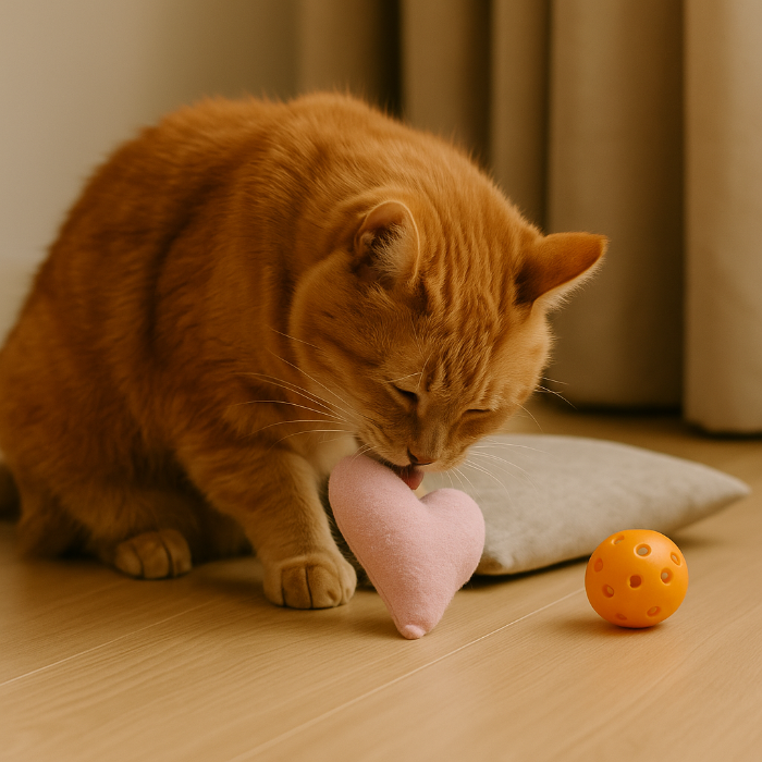 Photographie d’un chat senior roux, allongé paisiblement sur un tapis beige, interagissant avec un jouet parfumé au catnip. Le chat renifle et frotte doucement sa tête contre le jouet textile en forme de coussinet. L’ambiance feutrée et chaleureuse de la pièce met en valeur une stimulation sensorielle douce, adaptée aux besoins cognitifs et émotionnels d’un félin âgé