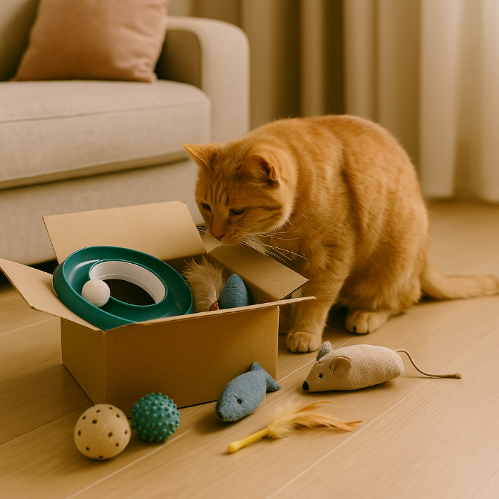 Un chat senior roux à poil court observe un assortiment de jouets stimulants adaptés à son âge, dont une balle distributrice, une souris à plume, un circuit en plastique et une peluche odorante. L’image illustre l’importance de varier les jeux tous les 3 à 5 jours pour maintenir l’intérêt et la stimulation cognitive chez les félins âgés, tout en respectant leurs capacités physiques limitées.