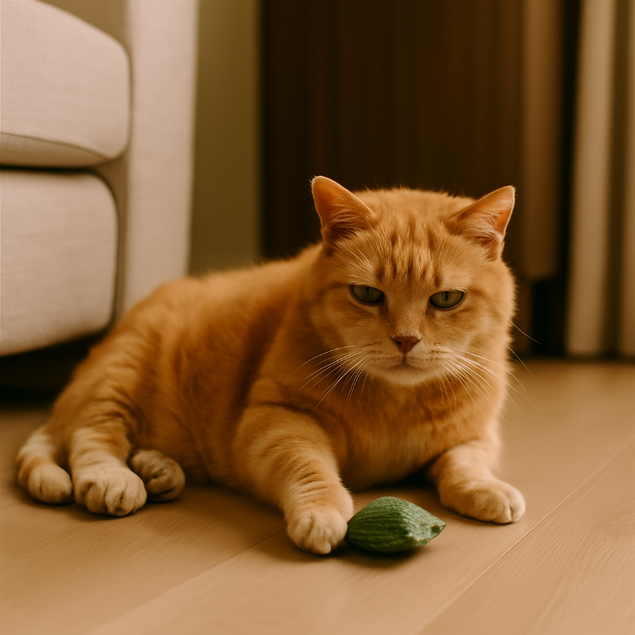 Photographie d’un chat senior roux assis dans un environnement calme, observant attentivement un jouet sans interagir. L’image illustre l’importance de respecter les limites de stimulation des chats âgés, en cohérence avec les recommandations vétérinaires sur l’écoute des signaux comportementaux.