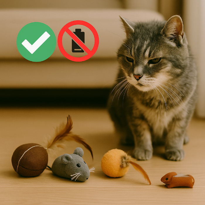 Photographie d’un chat âgé de race grise tabby assis paisiblement à côté d’une sélection de jouets certifiés sûrs : peluche non toxique, circuit de balle en plastique souple, balle sensorielle lavable. Des pictogrammes illustrent les bonnes pratiques d’hygiène et de sécurité (produit lavable, sans pile accessible, sans ficelle dangereuse). L’image illustre les recommandations vétérinaires en matière de choix de jouets adaptés aux chats seniors pour éviter tout risque d’ingestion ou de blessure