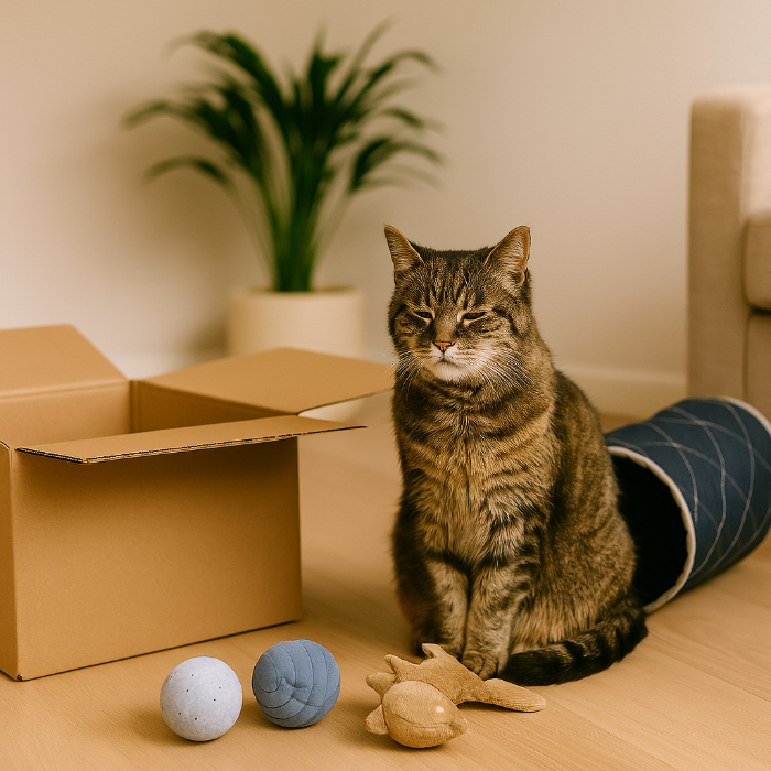 Un chat senior tigré explore un mini terrain de jeu intérieur composé de cartons ouverts, d’un tunnel souple en tissu et d’un plaid drapé sur une chaise. L’environnement est pensé pour stimuler ses sens sans le fatiguer, en intégrant des éléments sensoriels et sécurisés adaptés à son âge.