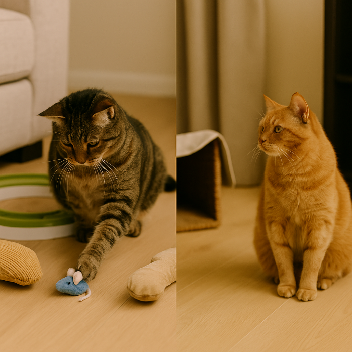 Photomontage mettant en scène deux chats seniors : à gauche, un chat roux interagit activement avec plusieurs jouets adaptés (peluche, balle distributrice, circuit), illustrant un profil joueur ; à droite, un chat gris reste en retrait, observant calmement son environnement, représentant un comportement plus contemplatif. L’image souligne la nécessité d’adapter les jouets selon le tempérament individuel de chaque chat senior.