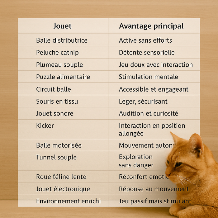 Tableau carré illustré présentant 14 jouets pour chats seniors accompagnés de leurs avantages principaux. Chaque ligne associe un jouet (balle distributrice, peluche catnip, plumeau, puzzle alimentaire, circuit à balle, etc.) à son bénéfice spécifique (stimulation mentale, détente sensorielle, jeu doux, exploration sécurisée, etc.). Design clair, visuel adapté pour illustrer un article professionnel sur le choix des jouets pour chats âgés.