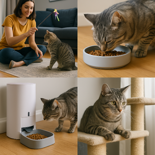 Chat tigré en quatre étapes : stimulation par le jeu, repas rassasiant, distributeur automatique et repos sur arbre à chat