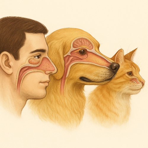 chéma comparatif du système olfactif du chien, du chat et de l’humain, illustrant la taille du bulbe olfactif et la densité de récepteurs : chien ~150–300 M, chat ~45–80 M, humain ~5 M.