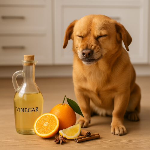 Photographie d’un chien au pelage doré manifestant une grimace de dégoût face à des sources d’odeurs fortes — bouteille de vinaigre, agrumes et épices — connues pour être désagréables à l’odorat canin.