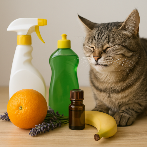 Chat tigré orange grimace près de produits ménagers, d’agrumes, de lavande, d’une banane et de menthol — odeurs couramment détestées par les chats.