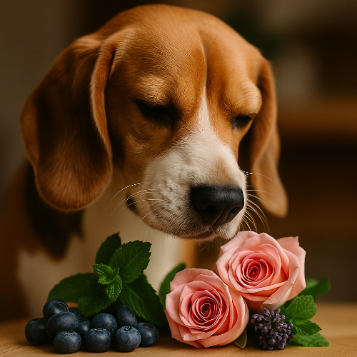 Beagle reniflant avec plaisir un bouquet de roses et des feuilles de menthe, à côté d’un petit bol de myrtilles — odeurs douces généralement appréciées par les chiens.