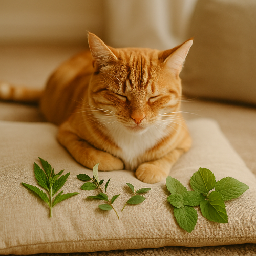 Chat tigré roux allongé sur une couverture douce, frottant sa tête contre un coussin imprégné d’herbe à chat. L’animal exprime un état de plaisir et de détente, illustrant l’attirance naturelle des félins pour certaines odeurs familières comme la menthe, l’herbe à chat ou le henné.