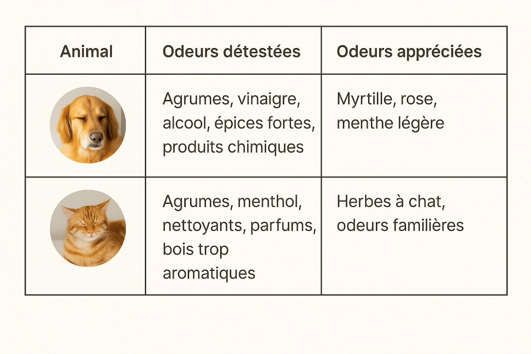 Tableau comparatif des odeurs que chiens et chats détestent et celles qu’ils apprécient. Chez le chien, les odeurs détestées incluent les agrumes, le vinaigre, l’alcool, les épices fortes et les produits chimiques, tandis que les odeurs appréciées sont la myrtille, la rose et la menthe légère. Chez le chat, les odeurs détestées comprennent les agrumes, le menthol, les nettoyants, les parfums et les bois trop aromatiques, tandis que les odeurs appréciées sont l’herbe à chat et les odeurs familières.
