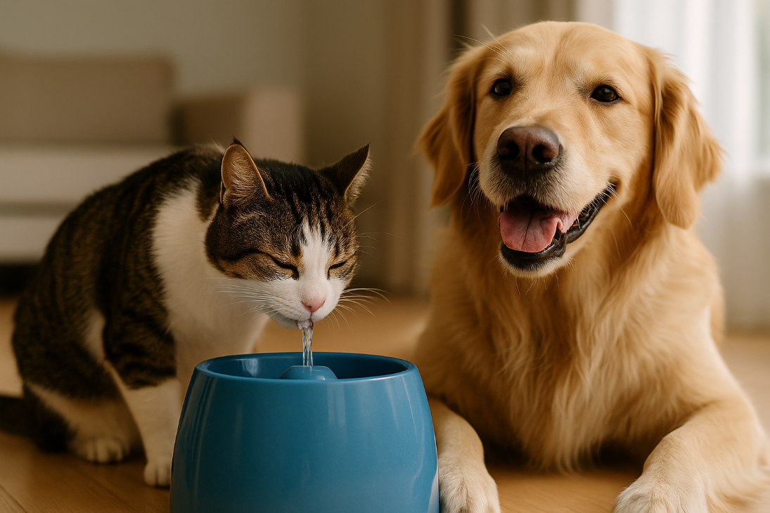 Photographie professionnelle d’un chat tigré et d’un chien assis côte à côte près d’une fontaine à eau domestique moderne, illustrant l’importance d’une bonne hydratation et de l’utilisation correcte des fontaines à eau pour animaux de compagnie.