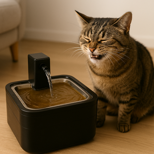Un chat domestique tigré brun grimace devant une fontaine à eau noire remplie d’eau sale contenant des poils et des impuretés, illustrant le refus de boire une eau stagnante et soulignant l’importance de renouveler et nettoyer régulièrement la fontaine pour préserver la santé et l’hydratation de l’animal.