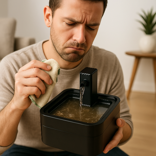 Un propriétaire d’animal de compagnie oublie d’entretenir correctement une fontaine à eau pour animaux. La cuve présente des dépôts de calcaire et des résidus visibles, illustrant les risques d’accumulation de bactéries et de biofilm lorsque la fontaine n’est pas nettoyée régulièrement.