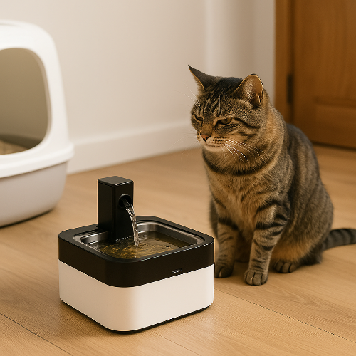 Photographie réaliste d’un chat tigré domestique qui boude une fontaine à eau placée à côté de sa litière. L’animal détourne la tête, signe de rejet. L’image illustre une erreur fréquente : un mauvais positionnement de la fontaine dans un environnement inadapté, source de stress et de refus de boire chez les félins.