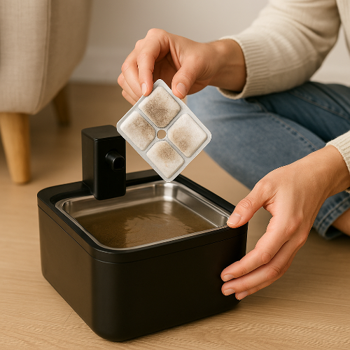 « Gros plan d’un propriétaire changeant un filtre usé et sale d’une fontaine à eau pour animaux en inox et plastique noir. La scène illustre l’importance d’un entretien régulier des filtres pour garantir une eau propre, sans bactéries ni impuretés, essentielle à la santé des chiens et des chats. »