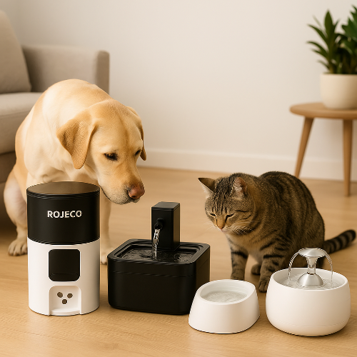 Chien et chat domestiques posés devant trois fontaines à eau pour animaux — inox, céramique et plastique — de capacités et jets différents, illustrant les options de fontaines multi-animaux pour une hydratation optimale.