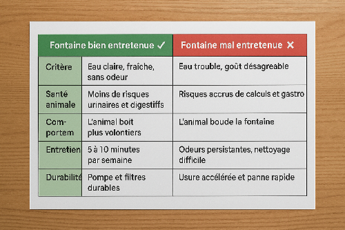 Tableau comparatif rectangulaire illustrant les différences entre une fontaine à eau bien entretenue et une fontaine mal entretenue. À gauche, la fontaine propre montre une eau claire et fraîche, bénéfique pour la santé et l’hydratation des animaux, avec un entretien simple et une meilleure durabilité. À droite, la fontaine négligée présente une eau trouble et odorante, des risques de maladies urinaires et digestives accrus, un comportement de rejet des animaux, et une usure prématurée de la pompe et des fi