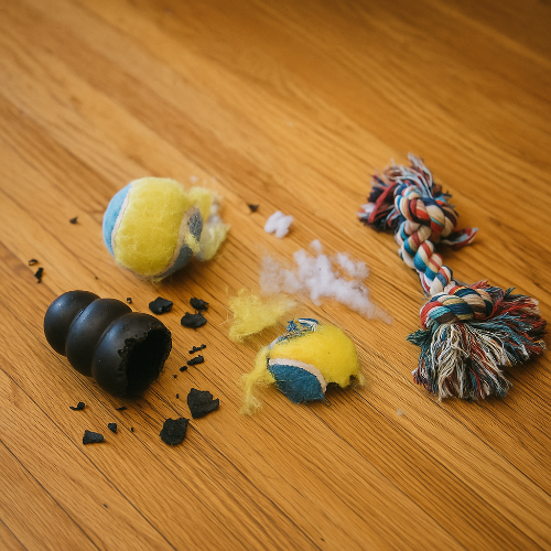 Image haute résolution de jouets pour chiens détruits : balle dure éclatée, corde effilochée et jouet en caoutchouc mâché, symbolisant l’usure extrême causée par des chiens destructeurs et l’importance de choisir des jouets ultra-résistants.