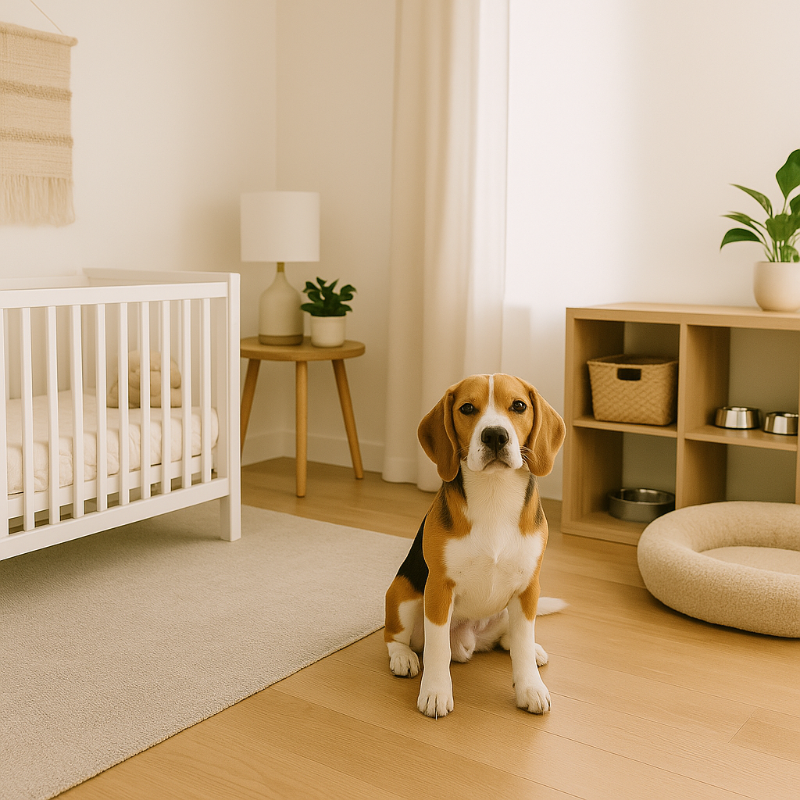 Coin bébé et zone dédiée au chien dans une maison bien organisée, espaces adaptés à la cohabitation future.